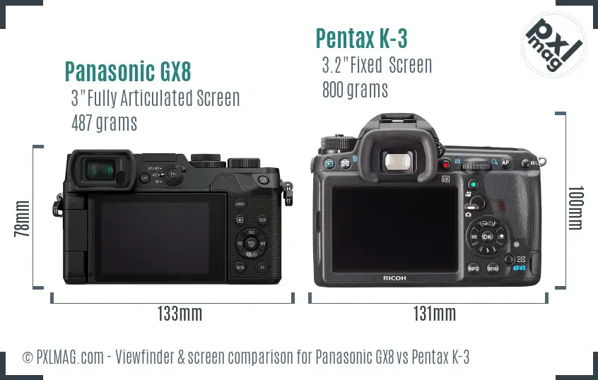 Panasonic GX8 vs Pentax K-3 Screen and Viewfinder comparison