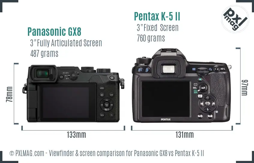 Panasonic GX8 vs Pentax K-5 II Screen and Viewfinder comparison