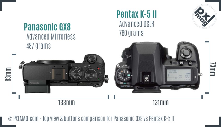 Panasonic GX8 vs Pentax K-5 II top view buttons comparison