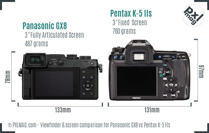 Panasonic GX8 vs Pentax K-5 IIs Screen and Viewfinder comparison