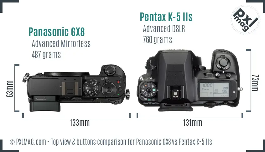 Panasonic GX8 vs Pentax K-5 IIs top view buttons comparison