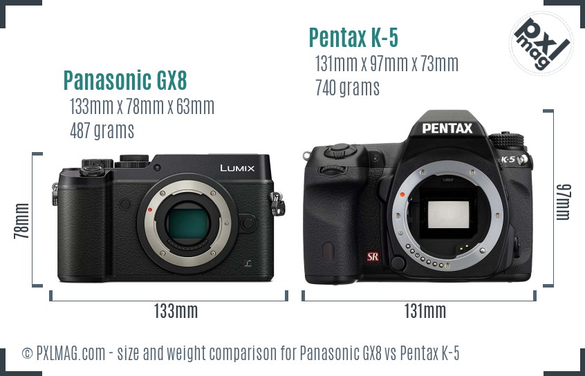 Panasonic GX8 vs Pentax K-5 size comparison