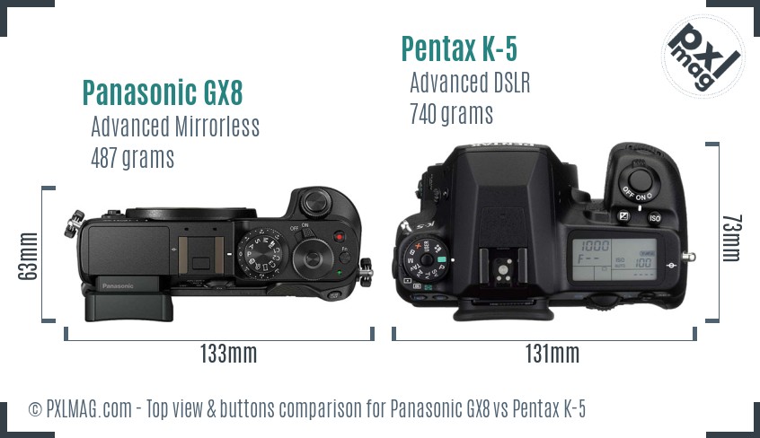 Panasonic GX8 vs Pentax K-5 top view buttons comparison