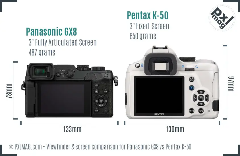 Panasonic GX8 vs Pentax K-50 Screen and Viewfinder comparison