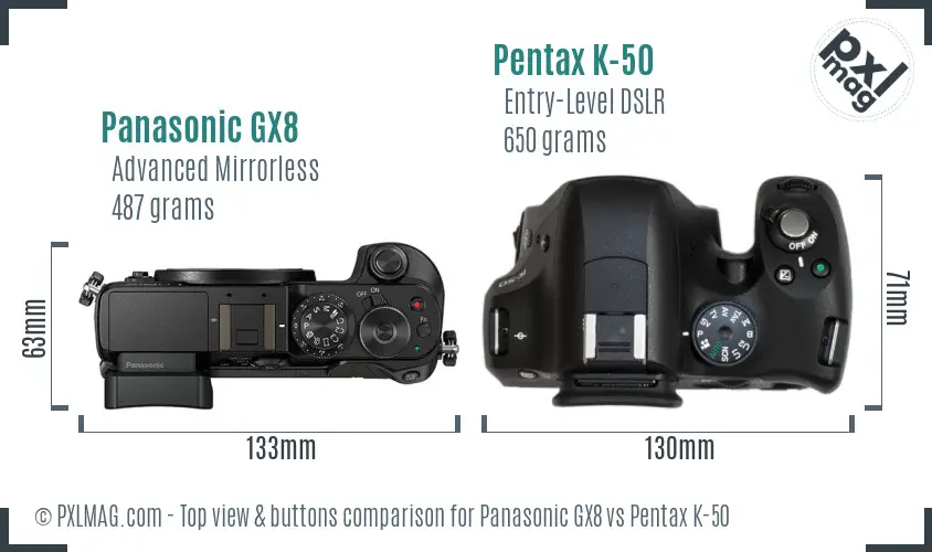 Panasonic GX8 vs Pentax K-50 top view buttons comparison