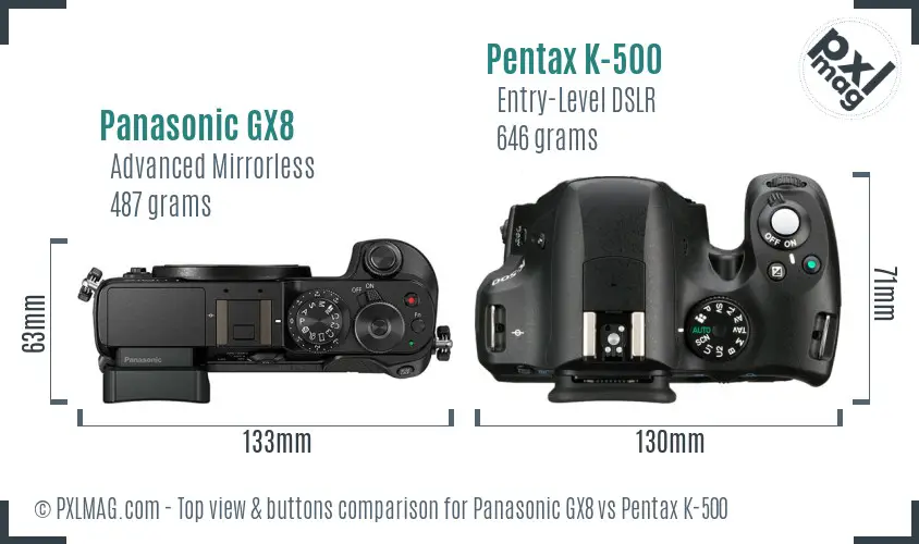 Panasonic GX8 vs Pentax K-500 top view buttons comparison