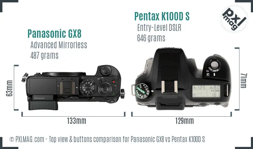 Panasonic GX8 vs Pentax K100D S top view buttons comparison