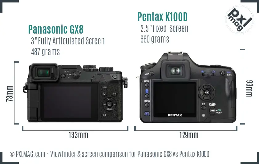 Panasonic GX8 vs Pentax K100D Screen and Viewfinder comparison