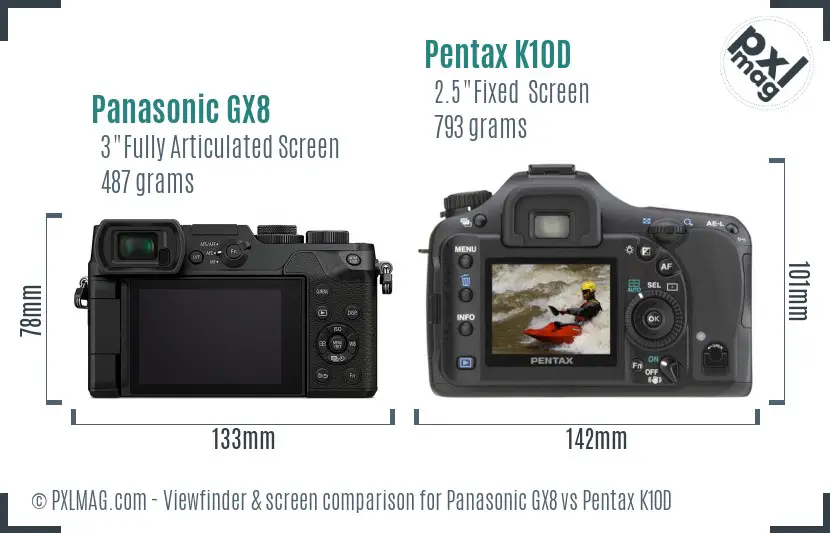 Panasonic GX8 vs Pentax K10D Screen and Viewfinder comparison