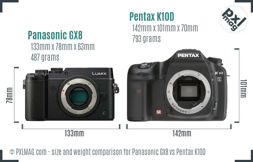 Panasonic GX8 vs Pentax K10D size comparison