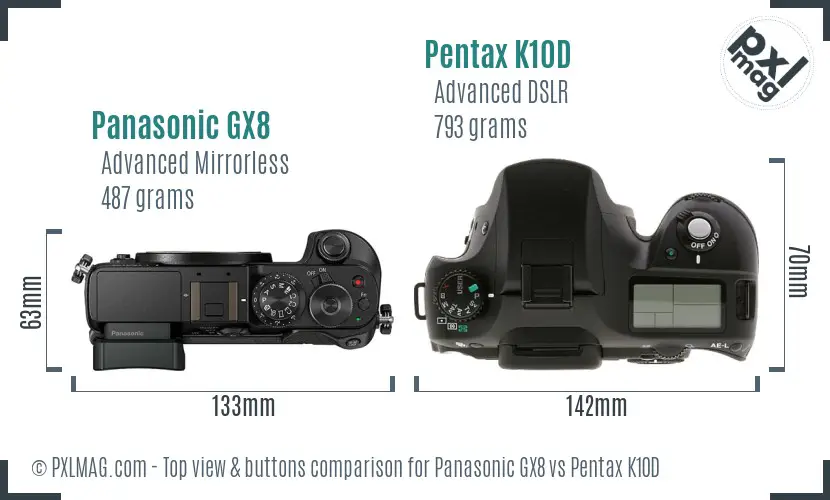 Panasonic GX8 vs Pentax K10D top view buttons comparison