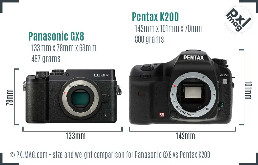 Panasonic GX8 vs Pentax K20D size comparison