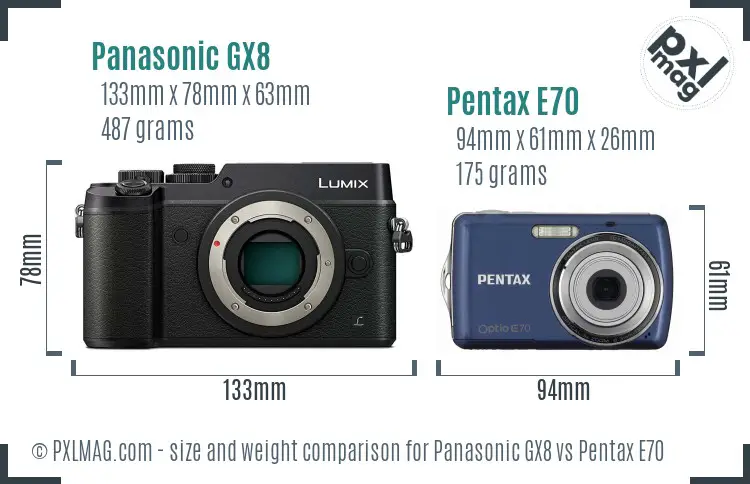 Panasonic GX8 vs Pentax E70 size comparison