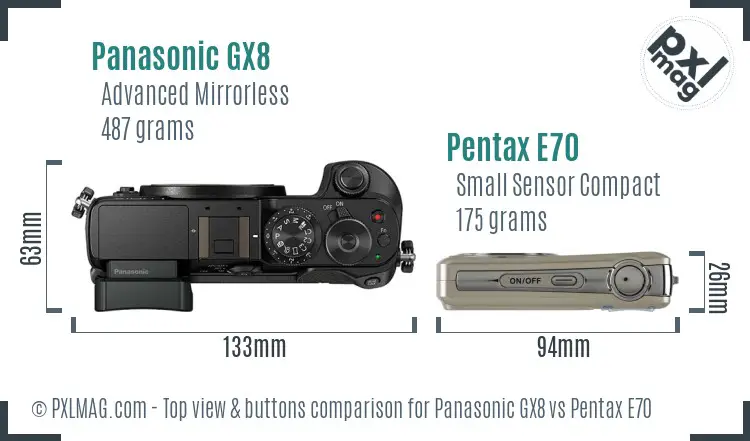 Panasonic GX8 vs Pentax E70 top view buttons comparison