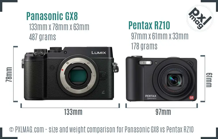 Panasonic GX8 vs Pentax RZ10 size comparison