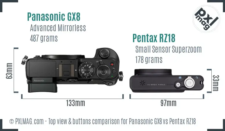 Panasonic GX8 vs Pentax RZ18 top view buttons comparison