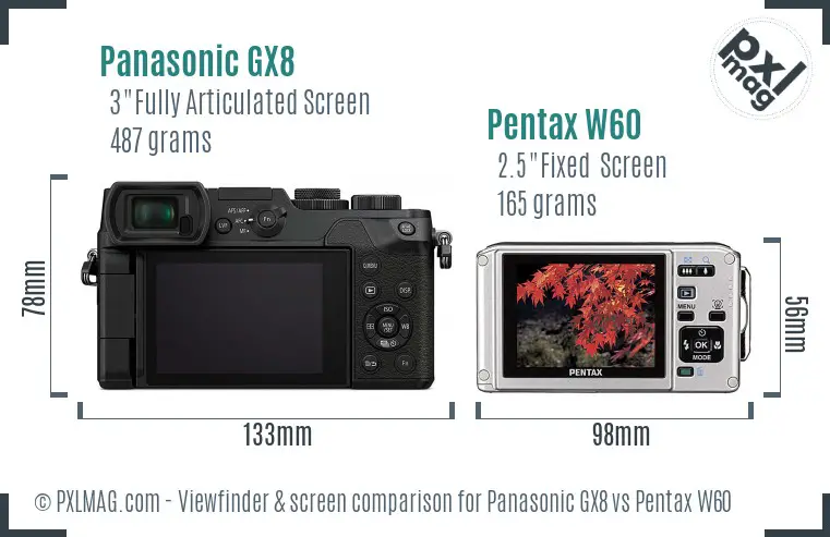 Panasonic GX8 vs Pentax W60 Screen and Viewfinder comparison