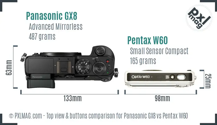 Panasonic GX8 vs Pentax W60 top view buttons comparison