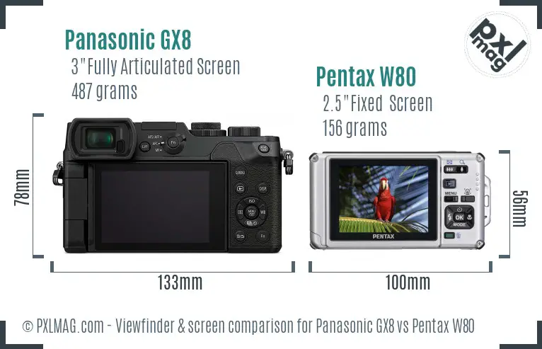 Panasonic GX8 vs Pentax W80 Screen and Viewfinder comparison
