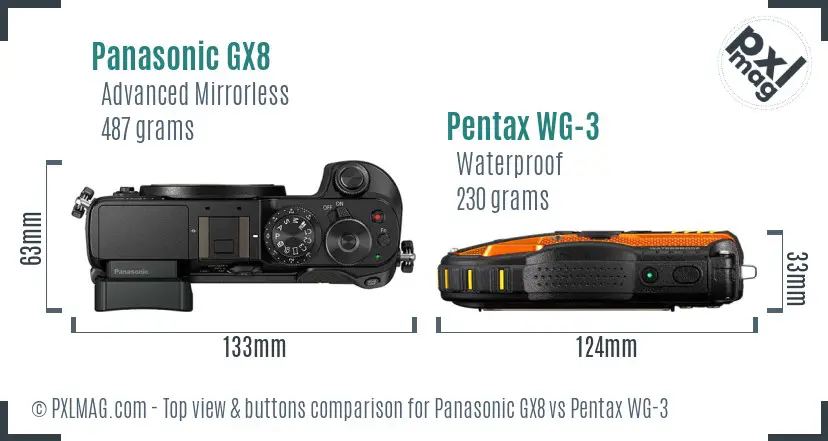 Panasonic GX8 vs Pentax WG-3 top view buttons comparison