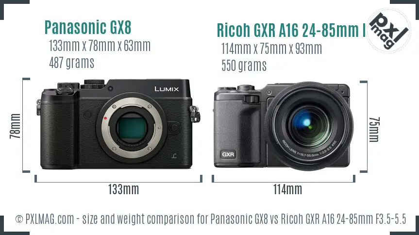 Panasonic GX8 vs Ricoh GXR A16 24-85mm F3.5-5.5 size comparison