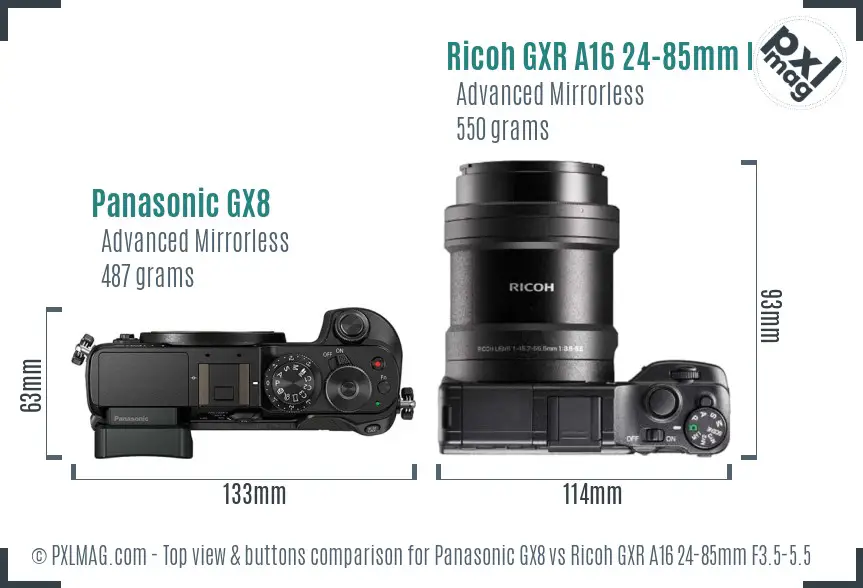 Panasonic GX8 vs Ricoh GXR A16 24-85mm F3.5-5.5 top view buttons comparison