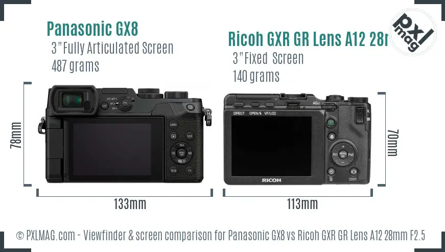 Panasonic GX8 vs Ricoh GXR GR Lens A12 28mm F2.5 Screen and Viewfinder comparison
