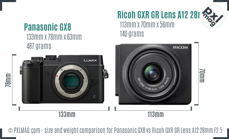 Panasonic GX8 vs Ricoh GXR GR Lens A12 28mm F2.5 size comparison