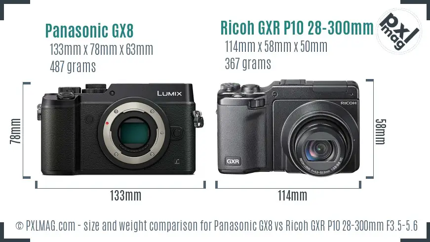 Panasonic GX8 vs Ricoh GXR P10 28-300mm F3.5-5.6 VC size comparison