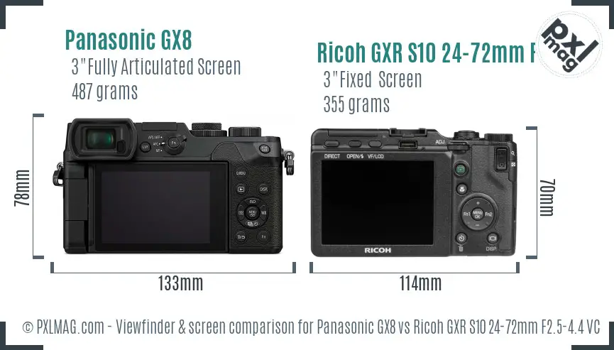 Panasonic GX8 vs Ricoh GXR S10 24-72mm F2.5-4.4 VC Screen and Viewfinder comparison