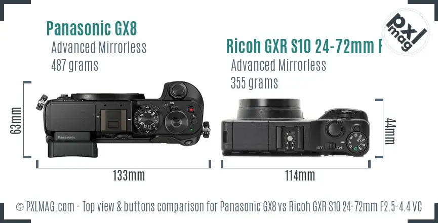 Panasonic GX8 vs Ricoh GXR S10 24-72mm F2.5-4.4 VC top view buttons comparison