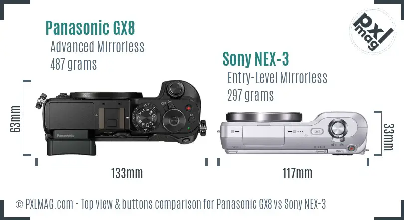 Panasonic GX8 vs Sony NEX-3 top view buttons comparison