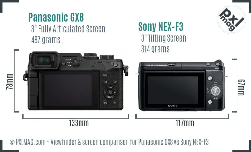 Panasonic GX8 vs Sony NEX-F3 Screen and Viewfinder comparison Panasonic GX8 vs Sony NEX-F3 Screen and Viewfinder comparison
