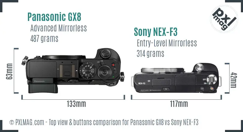 Panasonic GX8 vs Sony NEX-F3 top view buttons comparison Panasonic GX8 vs Sony NEX-F3 top view buttons comparison