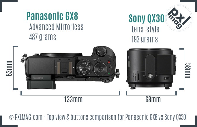 Panasonic GX8 vs Sony QX30 top view buttons comparison