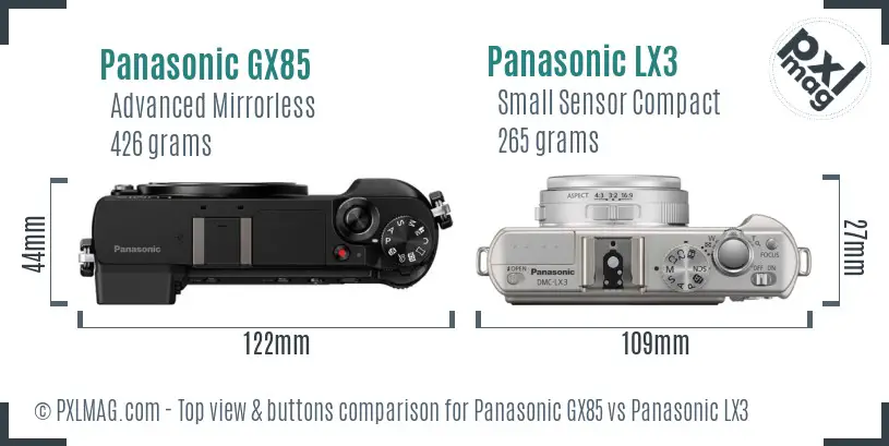 Panasonic GX85 vs Panasonic LX3 top view buttons comparison