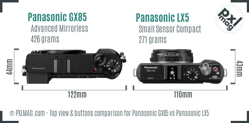 Panasonic GX85 vs Panasonic LX5 top view buttons comparison