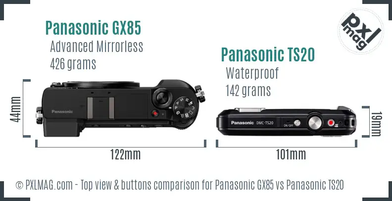 Panasonic GX85 vs Panasonic TS20 top view buttons comparison