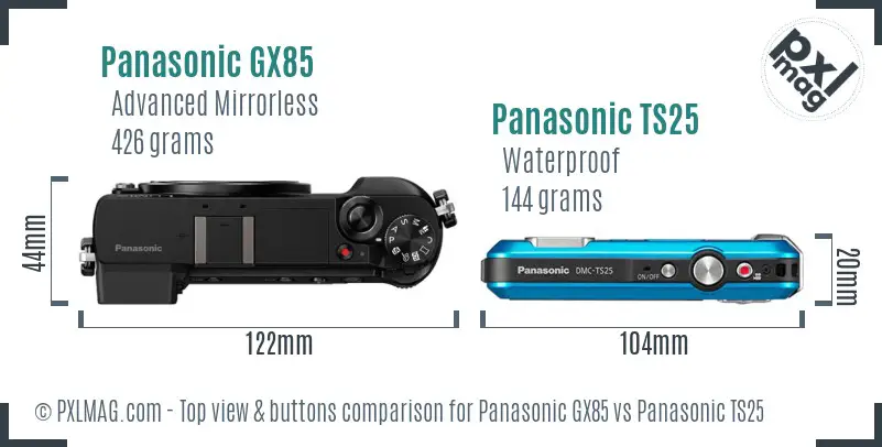 Panasonic GX85 vs Panasonic TS25 top view buttons comparison