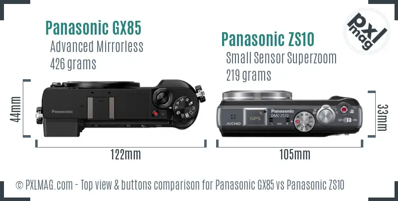 Panasonic GX85 vs Panasonic ZS10 top view buttons comparison