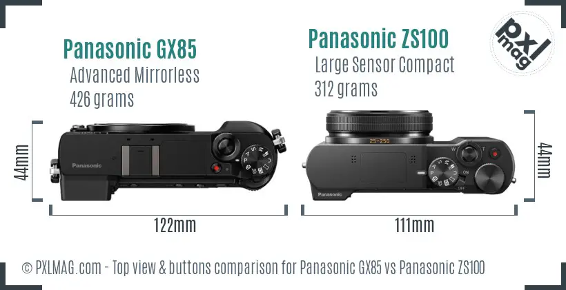 Panasonic GX85 vs Panasonic ZS100 top view buttons comparison