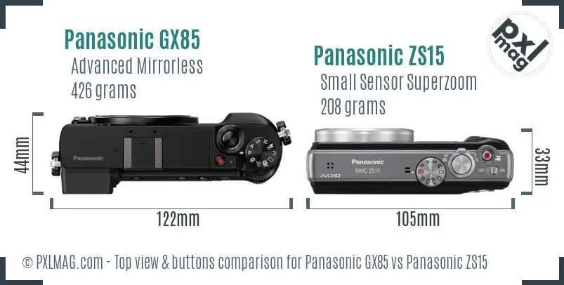 Panasonic GX85 vs Panasonic ZS15 top view buttons comparison