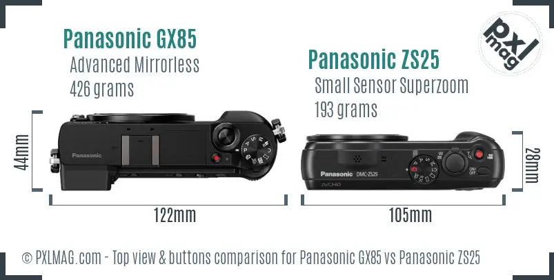 Panasonic GX85 vs Panasonic ZS25 top view buttons comparison