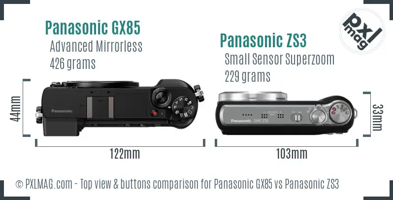 Panasonic GX85 vs Panasonic ZS3 top view buttons comparison