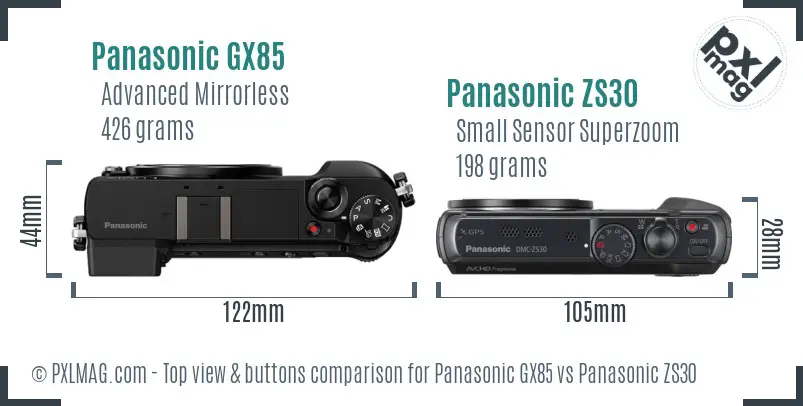 Panasonic GX85 vs Panasonic ZS30 top view buttons comparison