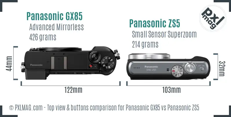 Panasonic GX85 vs Panasonic ZS5 top view buttons comparison
