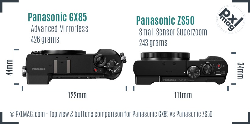 Panasonic GX85 vs Panasonic ZS50 top view buttons comparison