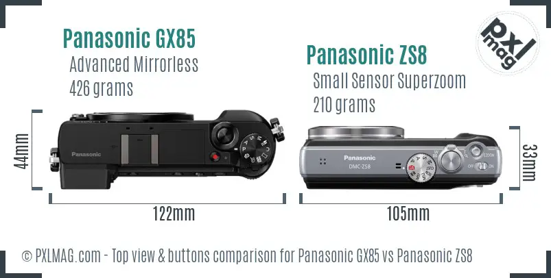 Panasonic GX85 vs Panasonic ZS8 top view buttons comparison