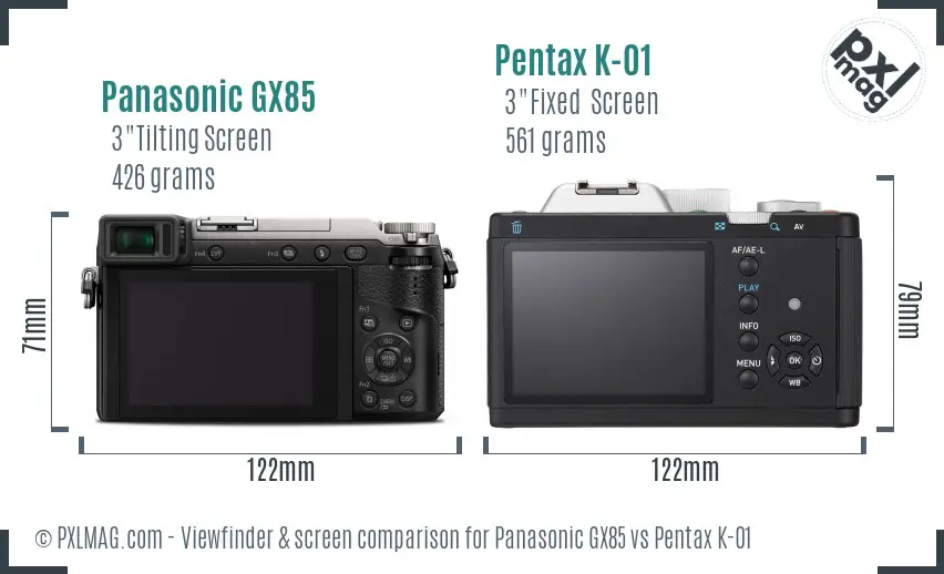 Panasonic GX85 vs Pentax K-01 Screen and Viewfinder comparison