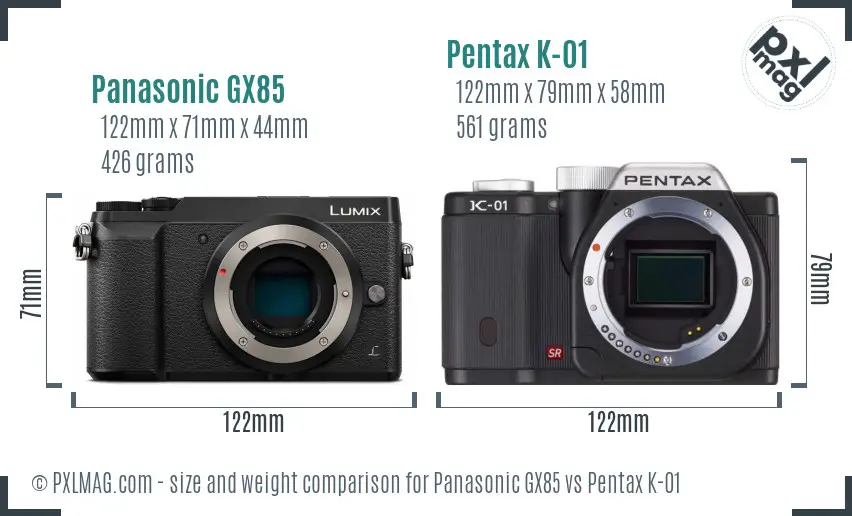 Panasonic GX85 vs Pentax K-01 size comparison